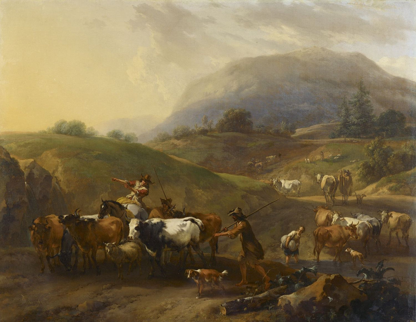A Mountainous Landscape with Herdsmen Driving Cattle Down a Road, vintage artwork by Nicolaes Berchem, 12x8" (A4) Poster
