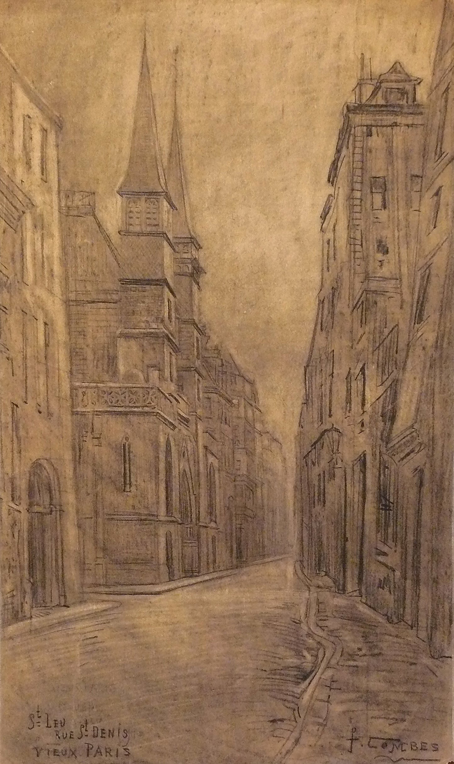 Vieux Paris, rue St Denis, eglise St Leu, vintage artwork by Fernand Combes, 12x8" (A4) Poster