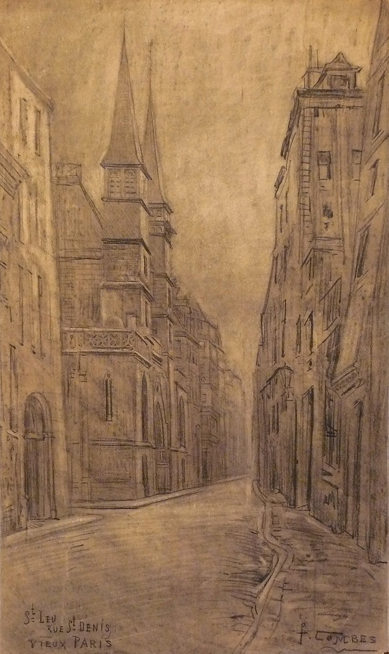 Vieux Paris, rue St Denis, eglise St Leu, vintage artwork by Fernand Combes, 12x8" (A4) Poster