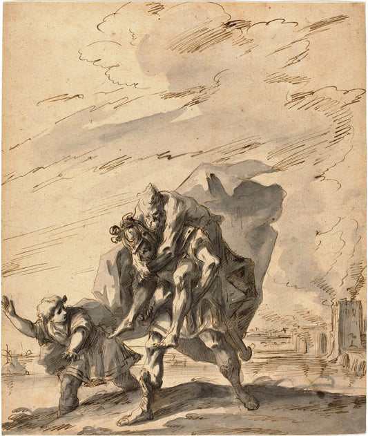 Aeneas Carrying Anchises from Burning Troy, vintage artwork by Gaspare Diziani, 12x8" (A4) Poster