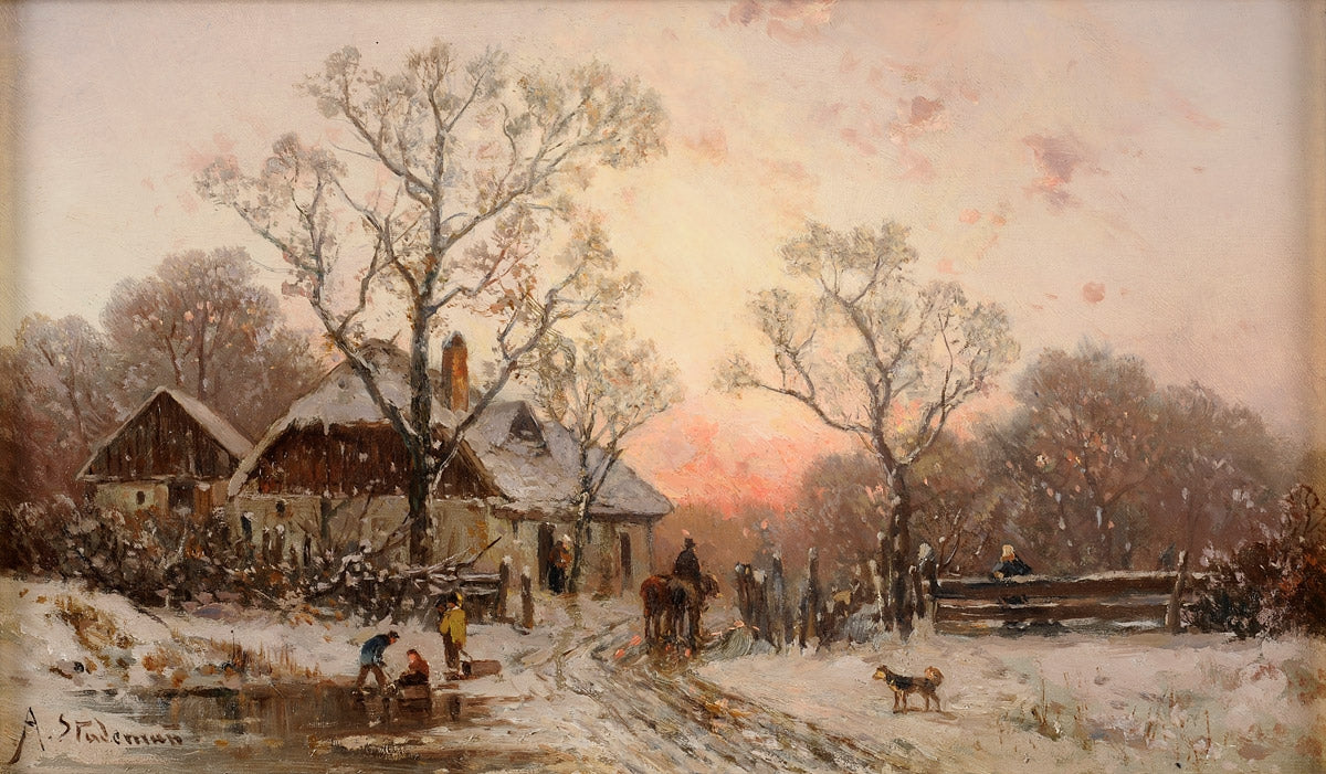 Winter landscape with farmstead and children playing, vintage artwork by Adolf Stademann, 12x8" (A4) Poster