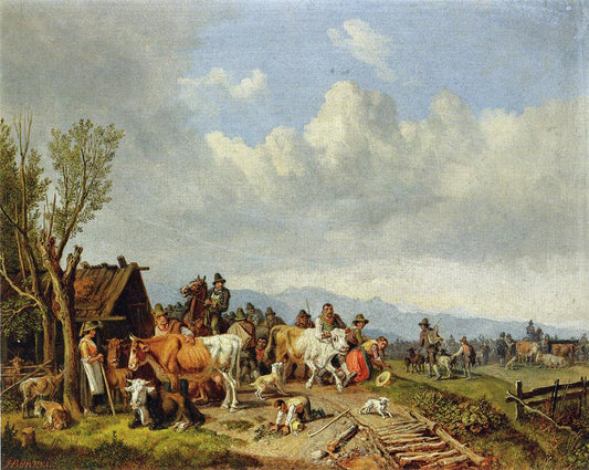 The Village Cattle Market, vintage artwork by Heinrich Bürkel, A3 (16x12") Poster Print