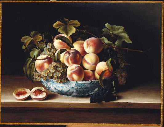 Peaches and grapes in a blue white bowl, vintage artwork by Louise Moillon, 12x8" (A4) Poster