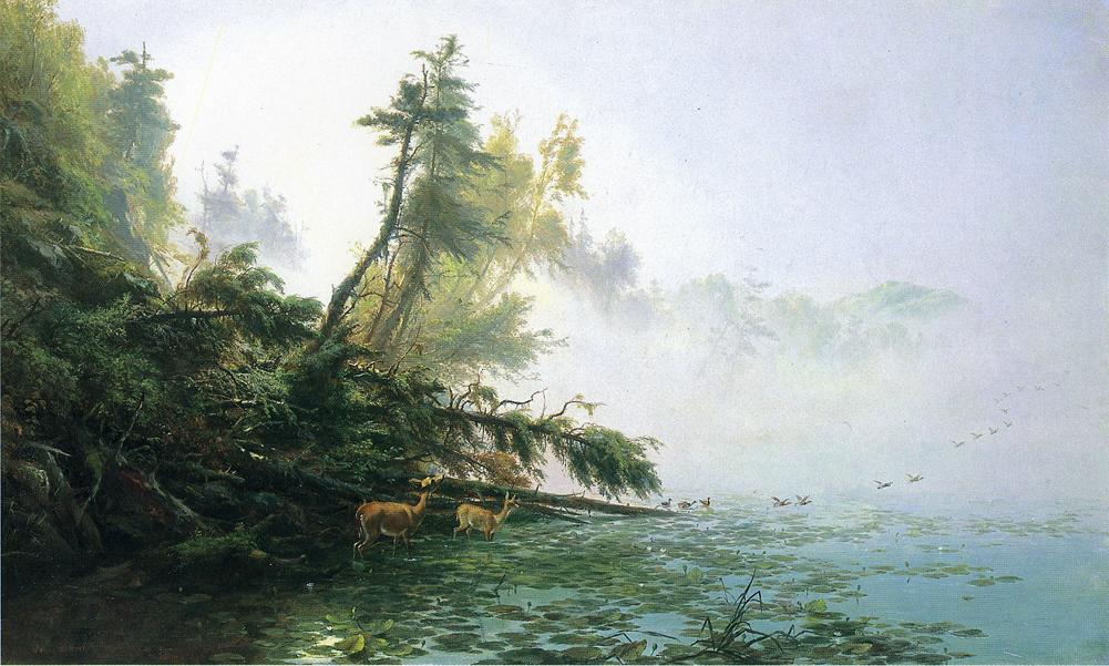Misty Morning on Racket Lake, vintage artwork by James McDougal Hart, 12x8" (A4) Poster