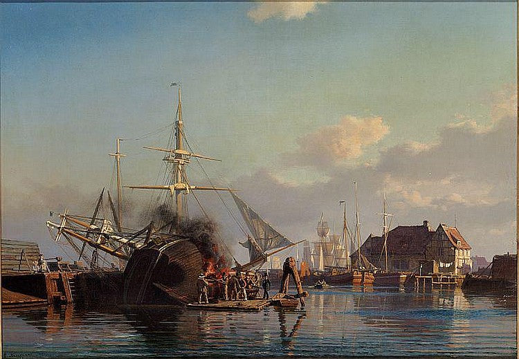 From the Port of Copenhagen. A sailing boat is being caulked., vintage artwork by Carl Neuman, 12x8" (A4) Poster