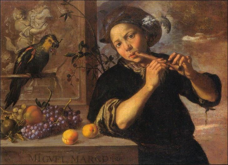 Allegory of Hearing, vintage artwork by Miguel March, 12x8" (A4) Poster