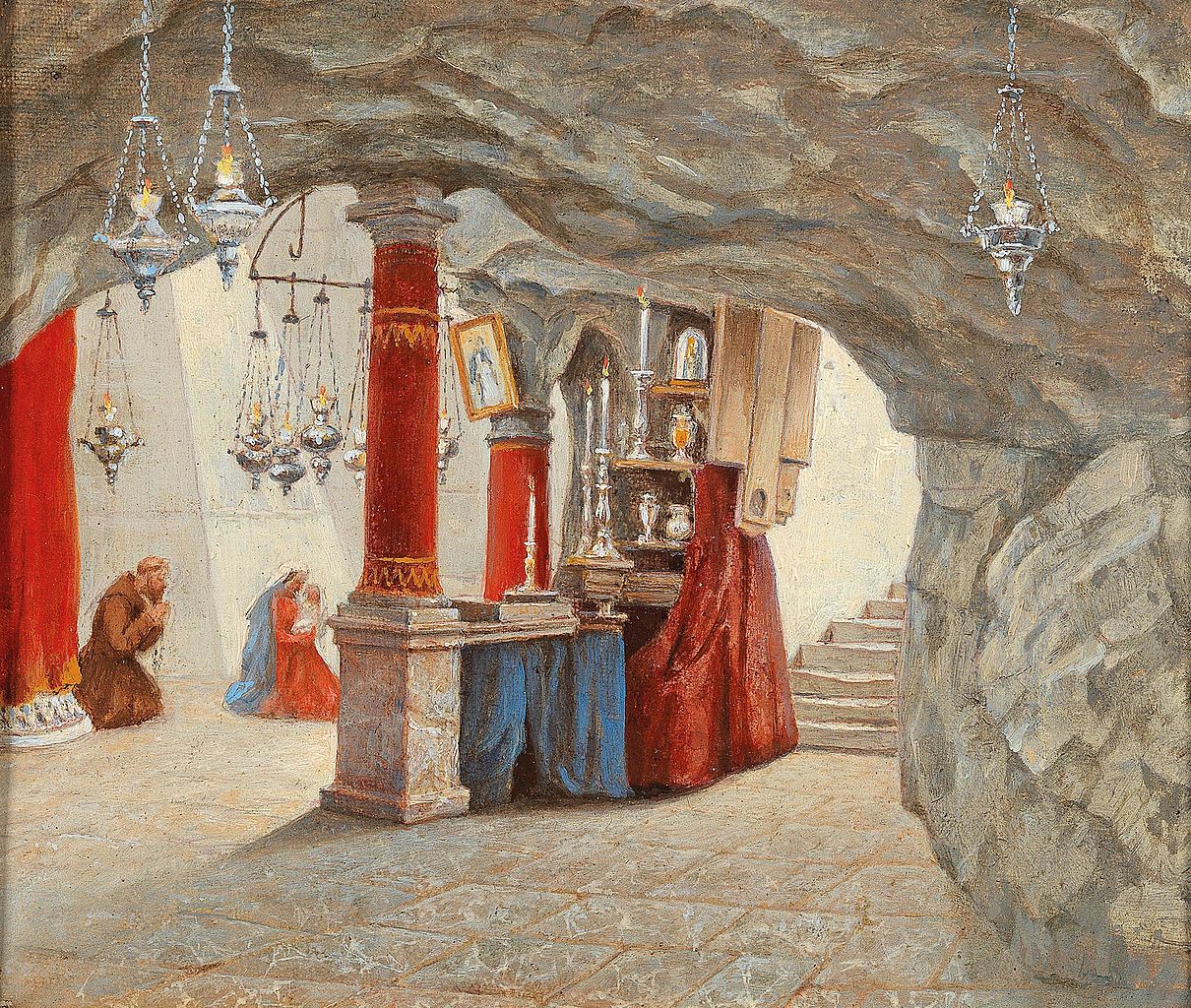 Bethlehem, Praying in the Nativity Chapel, vintage artwork by Hubert Sattler, A3 (16x12") Poster Print