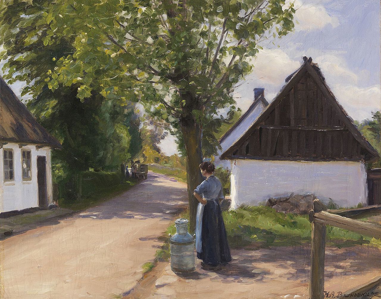 Danish Countryside with Farmer and Milkmaid, vintage artwork by Hans Andersen Brendekilde, 12x8" (A4) Poster