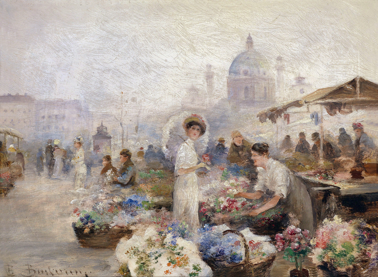 Vienna’s Naschmarkt, Karlskirche, vintage artwork by Emil Barbarini, 12x8" (A4) Poster