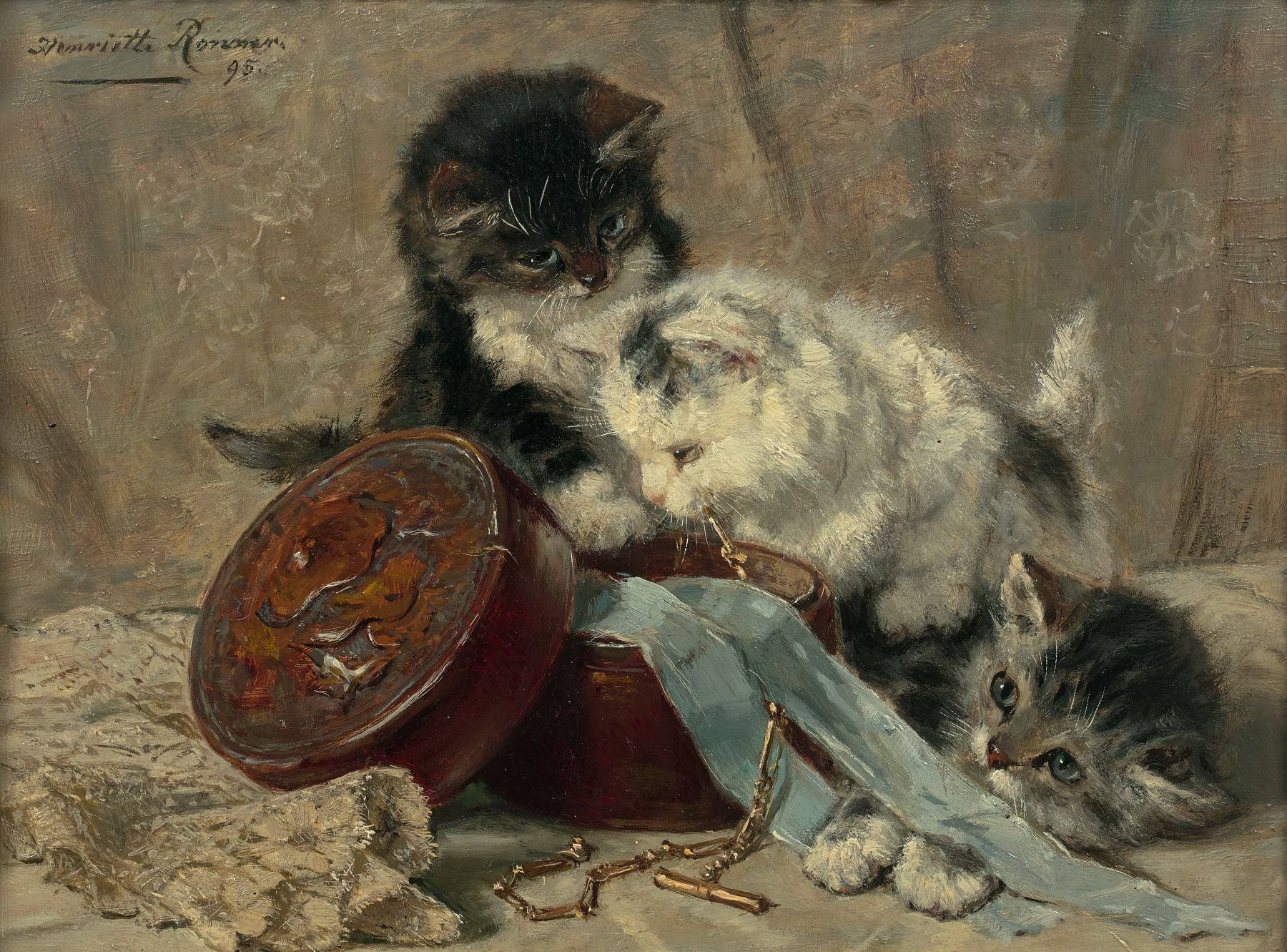 Kittens Playing with a Jewel Box, vintage artwork by Henriette Ronner-Knip, A3 (16x12") Poster Print