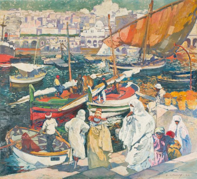Fisherman at the So-Called Dock of the Admiralty, Algiers, vintage artwork by Leon Cauvy, 12x8" (A4) Poster