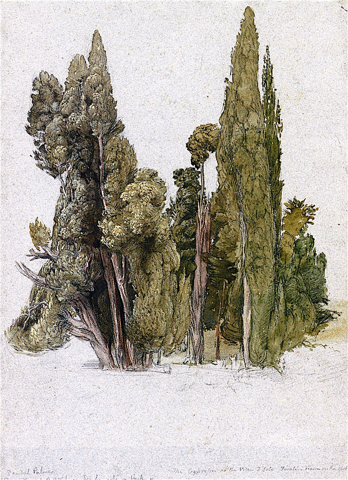 The Cypresses at the Villa d'Este, vintage artwork by Samuel Palmer, A3 (16x12