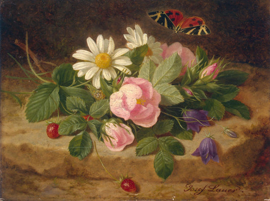 Flowers with a Butterfly, vintage artwork by Josef Lauer, A3 (16x12") Poster Print
