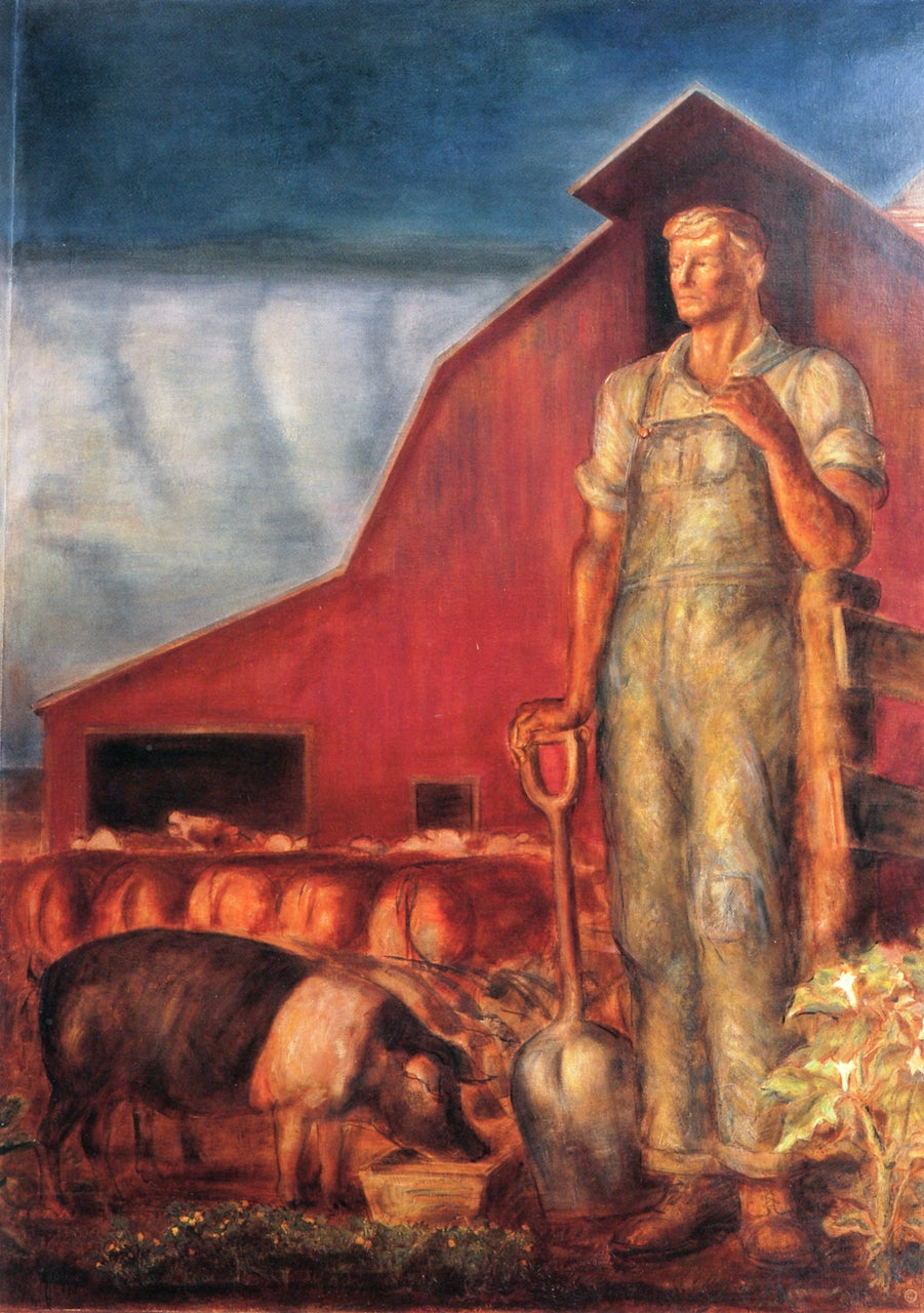 Kansas Pastoral - Farmer and Livestock, vintage artwork by John Steuart Curry, 12x8" (A4) Poster