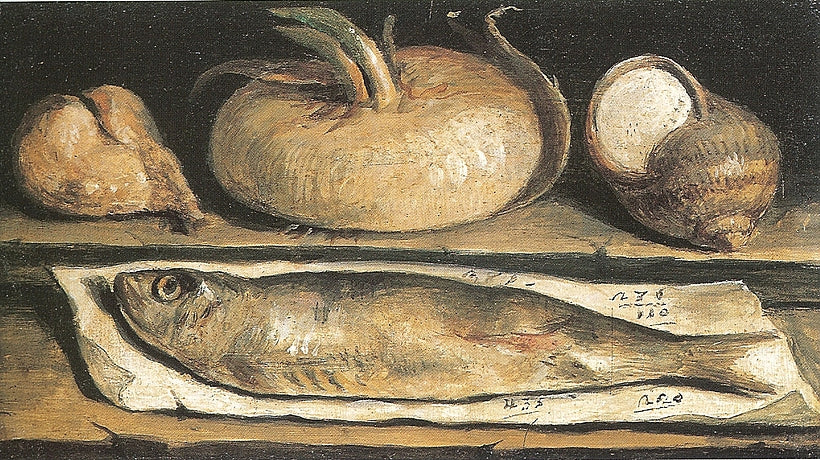 Still life with fish, vintage artwork by Giuseppe Artioli, 12x8" (A4) Poster
