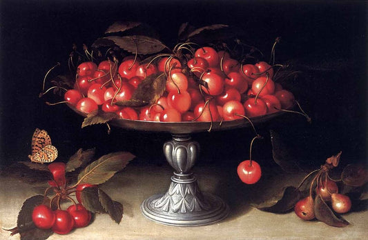 Cherries in a silver compote with crabapples on a stone ledge and a fritillary butterfly, vintage artwork by Giovanna Garzoni, 12x8" (A4) Poster