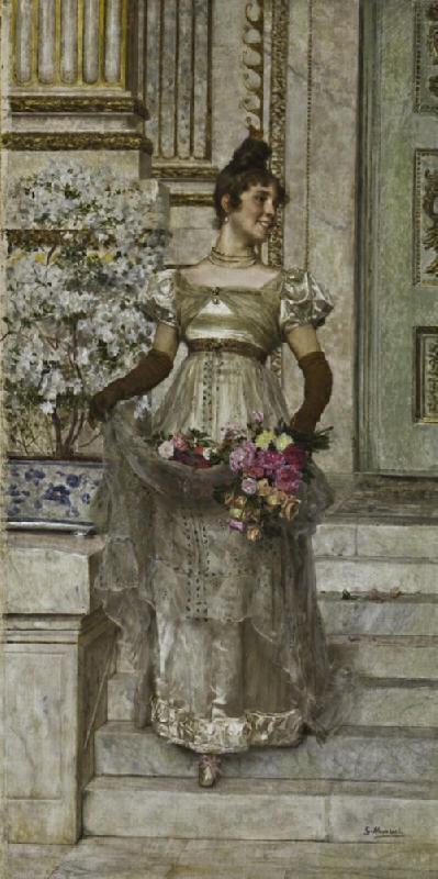 Lady Descending the Stairs, vintage artwork by Giovanni Muzzioli, 12x8" (A4) Poster