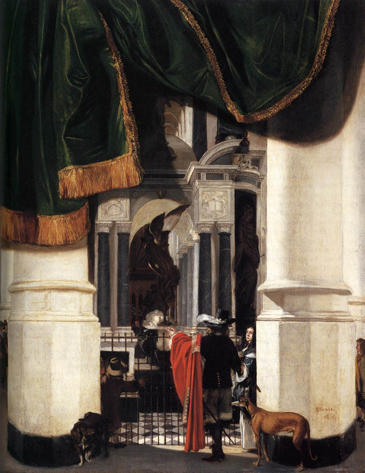 Tomb of William the Silent in the Nieuwe Kerk, Delft, with an Illusionistic Curtain, vintage artwork by Emanuel de Witte, 12x8" (A4) Poster