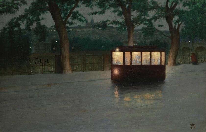 Streetcar in Prague, vintage artwork by Jakub Schikaneder, 12x8" (A4) Poster
