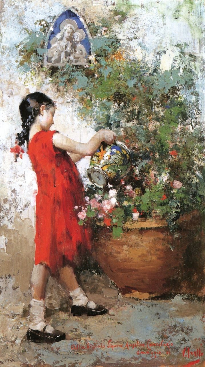 Little Girl in the Garden, vintage artwork by Vincenzo Irolli, 12x8" (A4) Poster