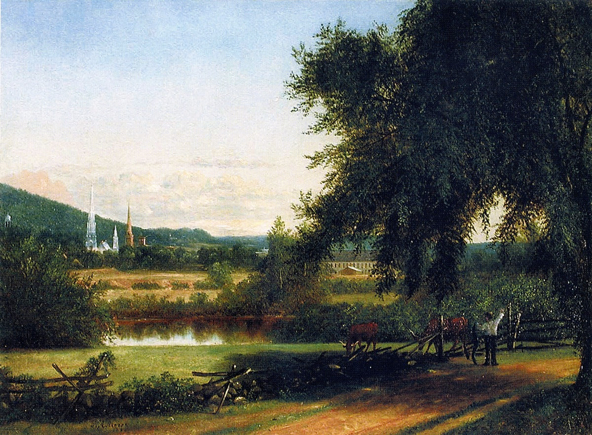 Church Spires in Waterbury, vintage artwork by Nelson Augustus Moore, 12x8" (A4) Poster
