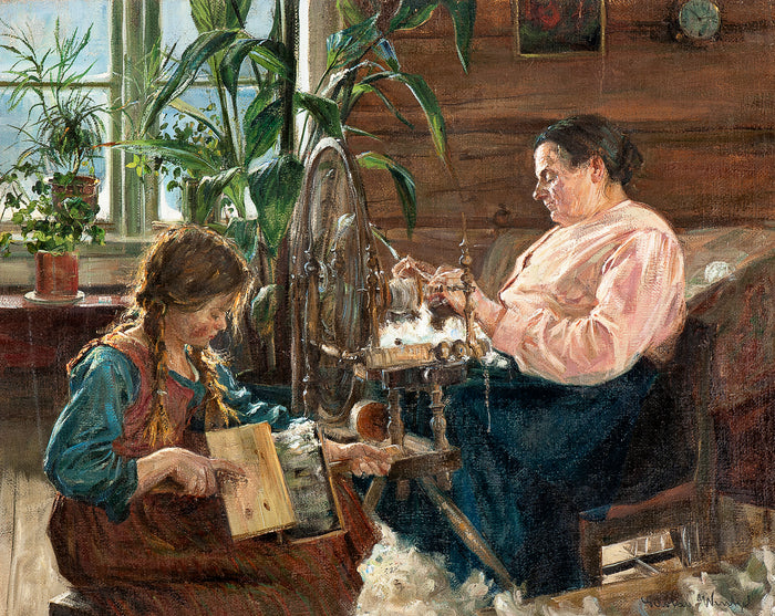 Interior with a Girl and Woman Spinning by Gustav Wentzel,A3(16x12