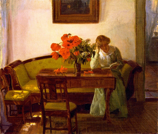 Interior with Red Poppies, vintage artwork by Anna Ancher, 12x8" (A4) Poster