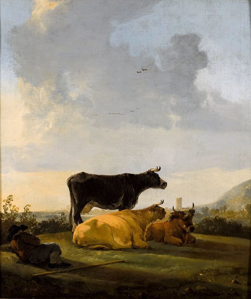Landscape with Three Cows and a Cowherd, vintage artwork by Aelbert Cuyp, 12x8" (A4) Poster