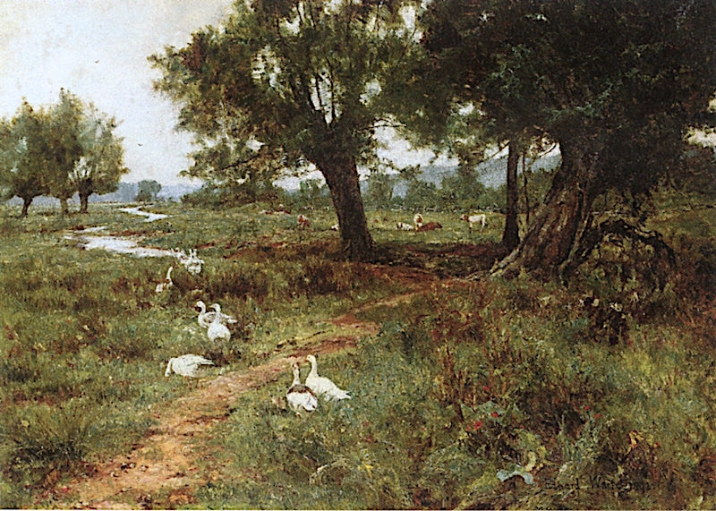 Geese and Cattle beside a Stream, vintage artwork by Edward Wilkins Waite, 12x8" (A4) Poster