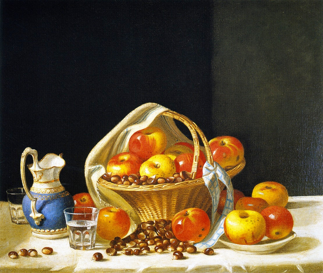 Still Life - Basket of Apples and Chestnuts on a Table, vintage artwork by John F. Francis, A3 (16x12") Poster Print
