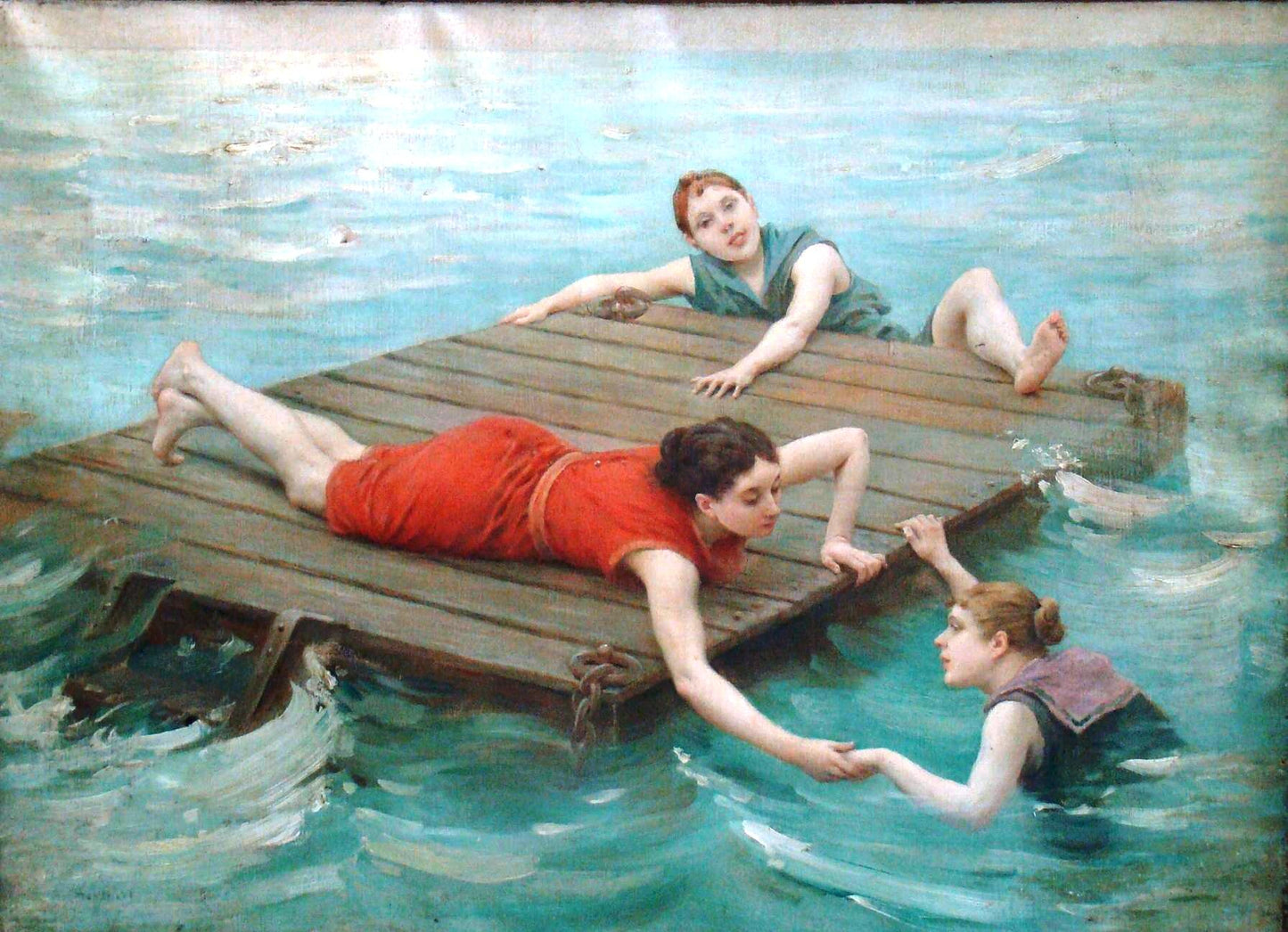 Girls Swimming From A Raft, vintage artwork by Jules Scalbert, 12x8" (A4) Poster