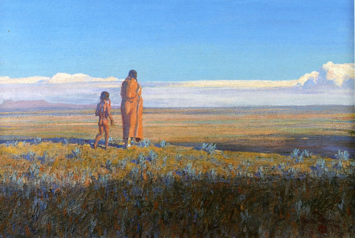 Two Indians on the Plain, vintage artwork by Maynard Dixon, 12x8