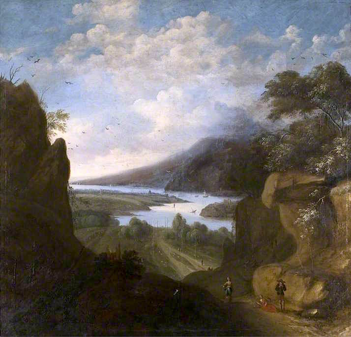 Landscape, Steep Path Leading to a River Estuary, vintage artwork by Attributed to Adriaen van Diest, 12x8" (A4) Poster