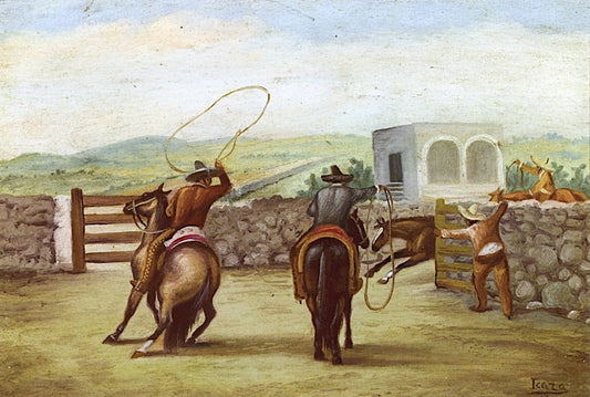 Vaqueros Roping a Horse, vintage artwork by Ernesto Icaza, 12x8" (A4) Poster