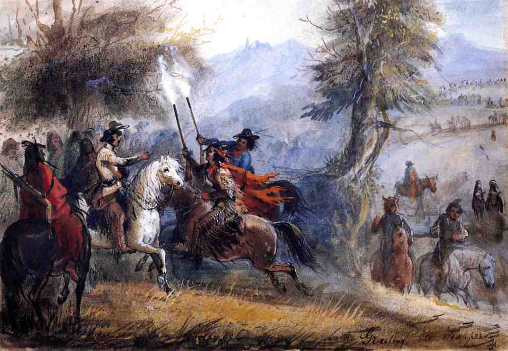 Greeting the Trappers, vintage artwork by Alfred Jacob Miller, A3 (16x12") Poster Print