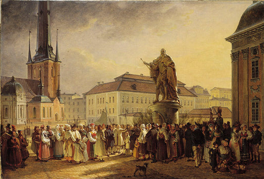 Swedish Folk around the Statue of Gustav I, vintage artwork by Johan Gustaf Sandberg, 12x8" (A4) Poster
