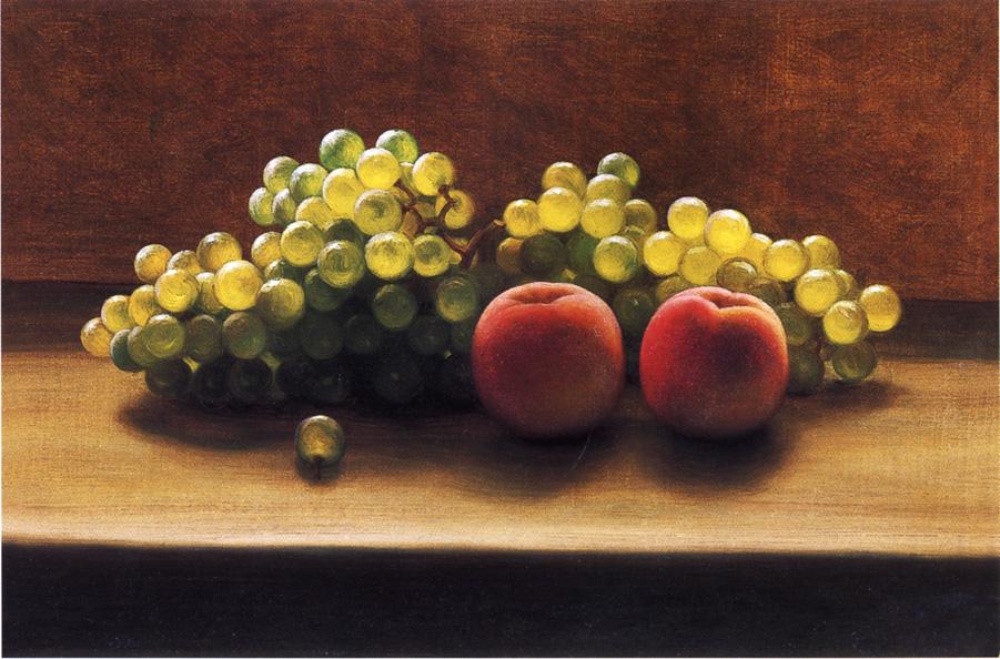 Peaches and Grapes on a Tabletop, vintage artwork by George Henry Hall, 12x8" (A4) Poster