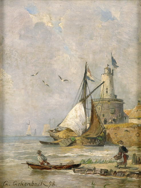 Dutch Fishing Harbour, vintage artwork by Andreas Achenbach, A3 (16x12") Poster Print