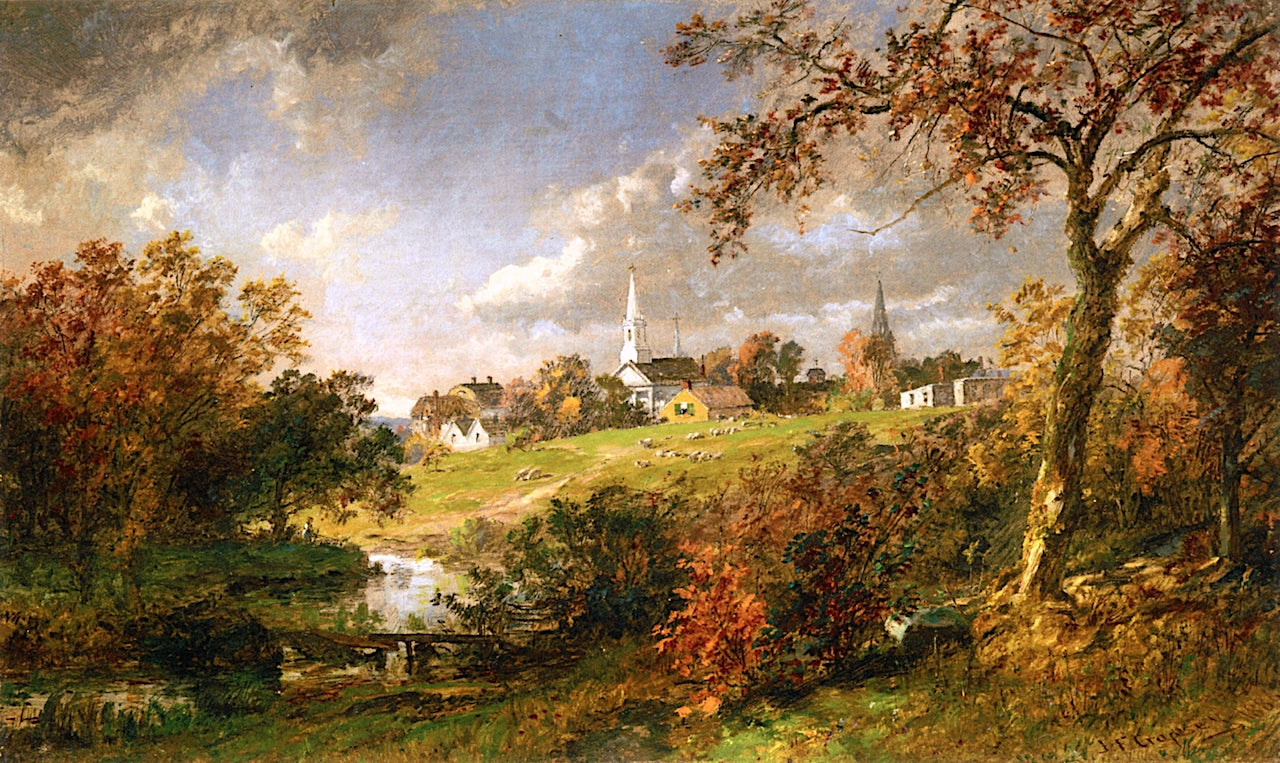 Back of the Village, Hastings-on-Hudson, New York, vintage artwork by Jasper Francis Cropsey, 12x8" (A4) Poster