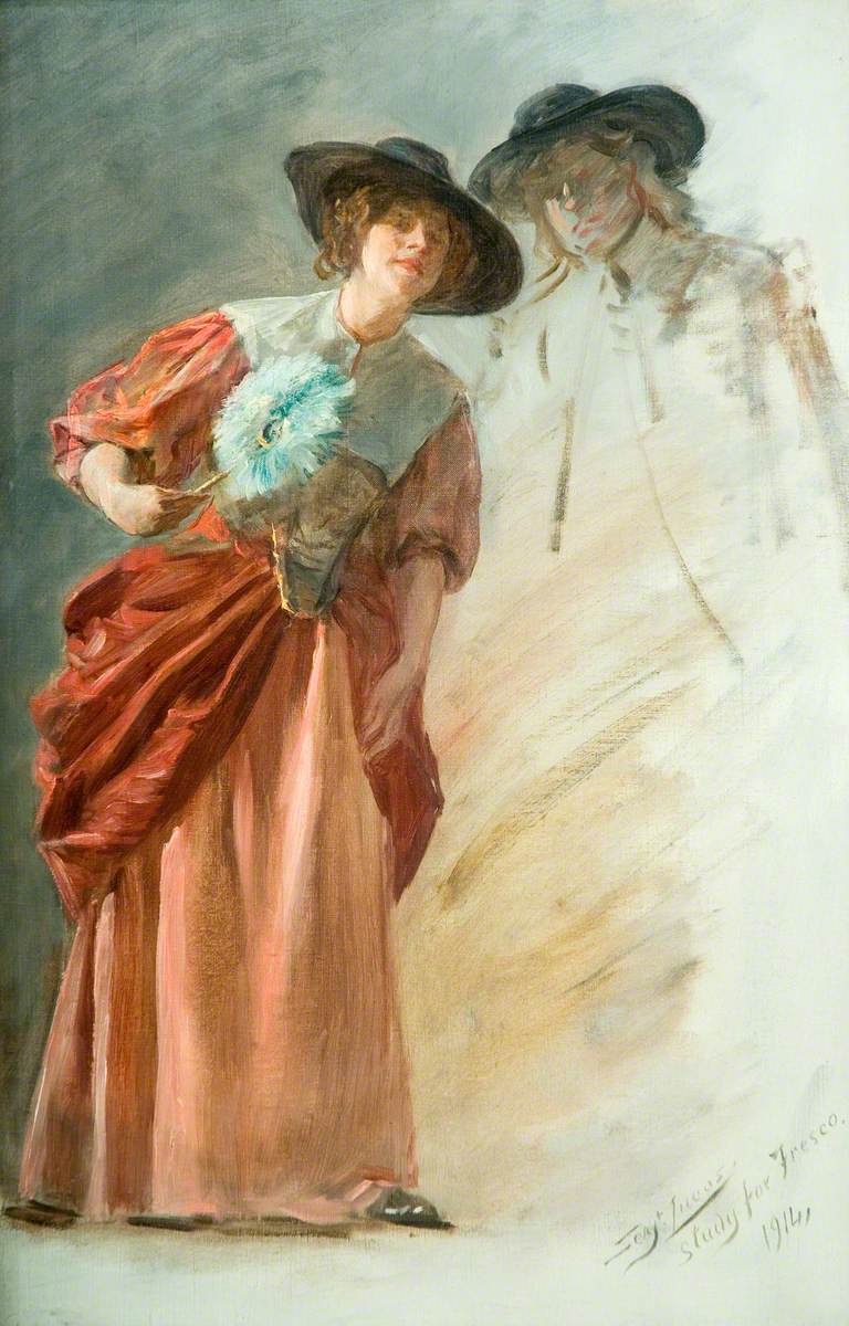 A Woman with a Fan, Head of a Man (study for 'The Flight of the Five Members'), vintage artwork by John Seymour Lucas, 12x8" (A4) Poster