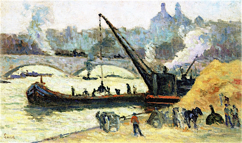 Barges on the Seine in Grey Weather, vintage artwork by Maximilien Luce, 12x8" (A4) Poster