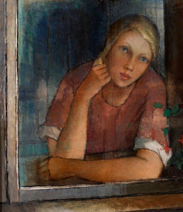 Girl at the Window, vintage artwork by Alvar Cawen, 12x8" (A4) Poster