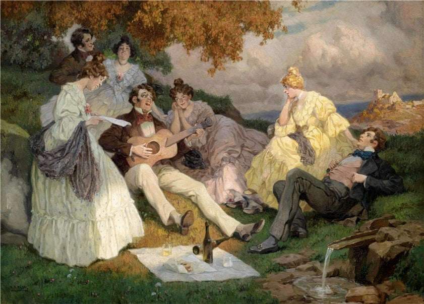 Fröhliche Sangesrunde mit einer Donaulandschaft im Hintergrund, vintage artwork by Rudolf Alfred Höger, 12x8" (A4) Poster