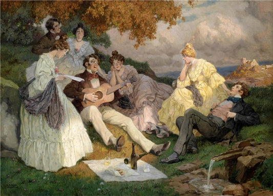 Fröhliche Sangesrunde mit einer Donaulandschaft im Hintergrund, vintage artwork by Rudolf Alfred Höger, 12x8" (A4) Poster