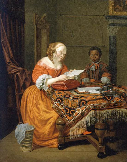 A Young Girl at a Table, vintage artwork by Michiel van Musscher, 12x8" (A4) Poster