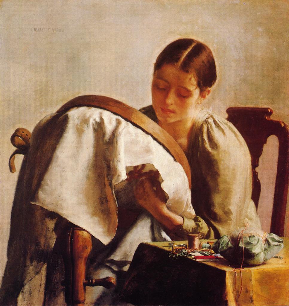 Young Girl Embroidering, vintage artwork by Charles Frederic Ulrich, 12x8" (A4) Poster