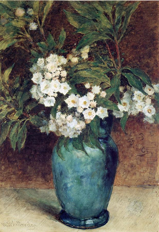 Laurel Blossoms in a Blue Vase, vintage artwork by Thomas Worthington Whittredge, 12x8" (A4) Poster