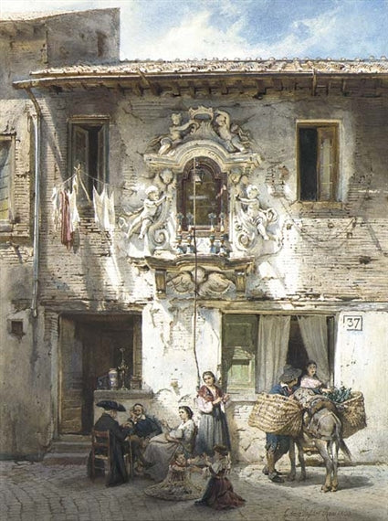 A Roman House with an Edicola in a Baroque Surround, vintage artwork by Ludwig Johann Passini, 12x8" (A4) Poster