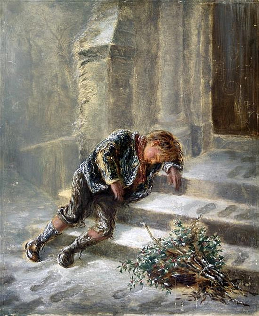 Urchin on a Doorstep in the Snow, vintage artwork by William MacDuff, 12x8" (A4) Poster