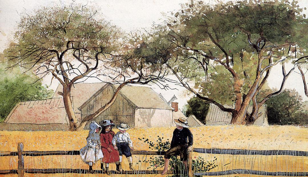 Children on a Fence, vintage artwork by Winslow Homer, 12x8" (A4) Poster